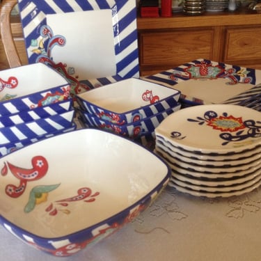 Service for 7- 24 Piece Dinner Set "Ariel"  Home Accents pattern of paisleys, blossoms, stripes and curly-cues  blue, red and green- Mint 