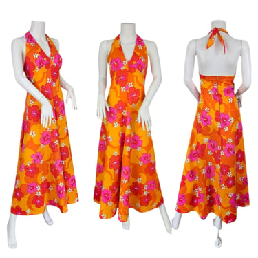 1970's Orange Barkcloth MOD Groovy Floral Print Hawaiian Halter Dress I Sz Lrg 
