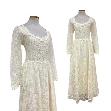 Vtg 80s 1980s Gunne Sax Designer Bridal Wedding Ivory Lace Floor Length Gown 