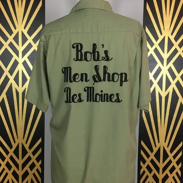 1950s bowling shirt, lancer california, vintage mens shirt, novelty print, embroidery, rockabilly, bob, name shirt, Des Moines, advertising 