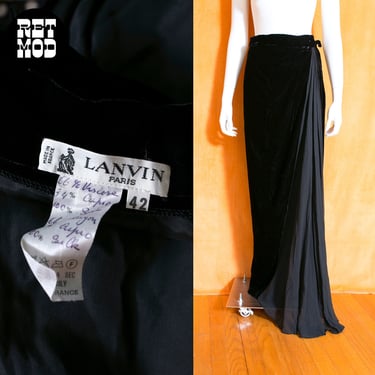 Lanvin French GORGEOUS Vintage 70s 80s Black Velvet Long Wrap Skirt with Silk Drape 