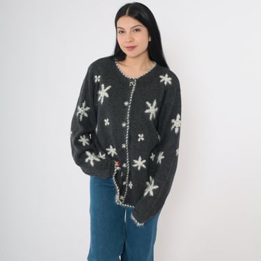 90s Beaded Snowflake Cardigan Charcoal Grey Sweater Boho Sweater Pearl Beadwork Cotton Ramie Button Up Retro Vintage 1990s Extra Large xl 