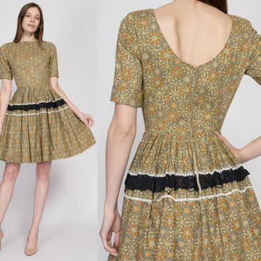 XS 60s Olive Floral Square Dance Dress | Vintage Calico Rockabilly Low Back Fit Flare Dress 