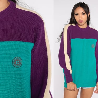Color Block Wool Sweater 90s Purple Turquoise Striped Sweater Ski Retro Knit Pullover Crewneck Hipster Normcore Vintage 1990s Mens Medium 
