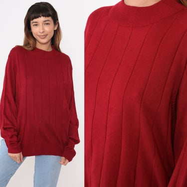 Mock Neck Sweater 90s Dark Red Ribbed Sweater Slouchy Acrylic Knit Pullover Jumper 1990s Vintage Plain Oversize Men's Large 