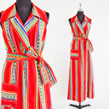 1970s Red Rainbow Stripe Wrap Dress | 70s Red Cotton Stripe Maxi Dress | Medium 