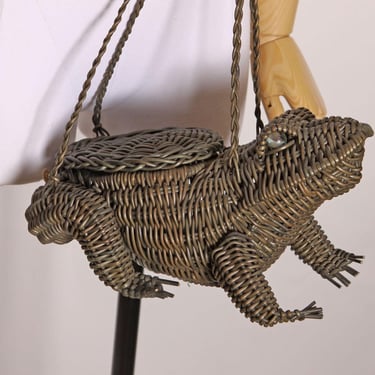1950s 1960s Green Brown Wicker Woven Marble Eye Novelty Frog Purse 