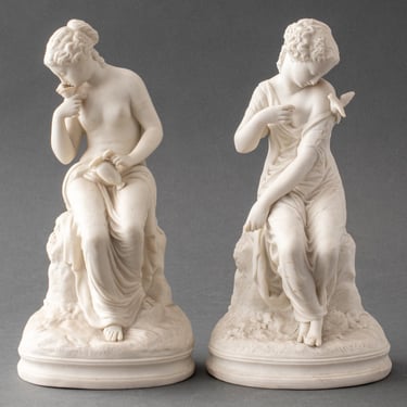 French Bisque Porcelain Figures of Maidens &amp; Doves