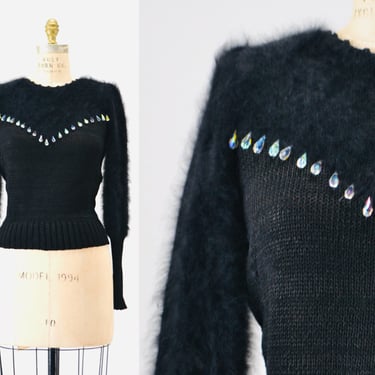 80s 90s Vintage Black Rhinestone Sweater Jumper Medium Pull over 80s Glam Rhinestone Diamond Sweater Dolman Sleeves Pull over Small Medium 