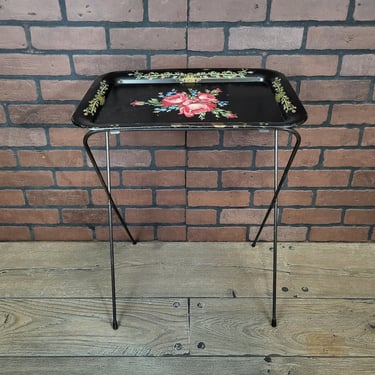 Vintage Black Metal Rose Flower TV Tray 