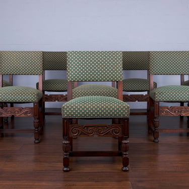 Antique English Renaissance Jacobean Style Oak Dining Chairs W/ Green Fabric - Set of 8 