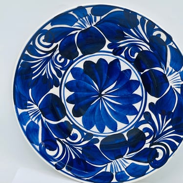 Vintage Hand Painted Blue and White  Talavera Floral Plate - 12" Mexico 