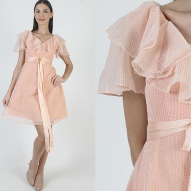 Thin Peach Swiss Dot Dress, Sheer Polka Prairie Print, Vintage 70s Ruffle Belted Mini Sundress 