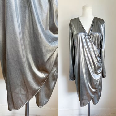 Vintage 1980s Silver Liquid Drape Dress / L 
