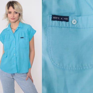 80s Cap Sleeve Shirt Blue Button Up Shirt Here's a Hug Chest Pocket Utility 1980s Short Sleeve Top Vintage Basic Plain Medium 