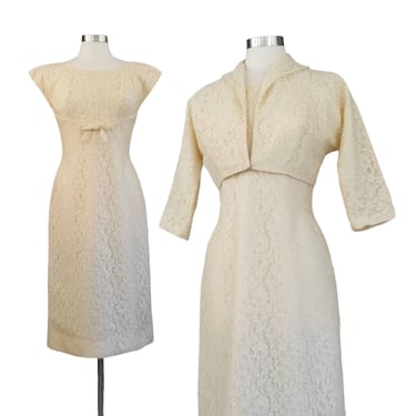 Vintage Cream Lace Dress, Large / Two Piece 1960s Cocktail Dress / Sleeveless Sheath Dress with Cropped Jacket / Early 60s Wedding Dress 