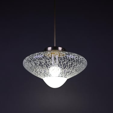 Vintage 1970s Glass Pendant Light | Mid-Century Ceiling Lamp | Textured Glass UFO Light Fixture 
