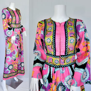 1960's Psychedelic Print Pink Long Lounge Maxi Dress I Sz Med I Keyloun 