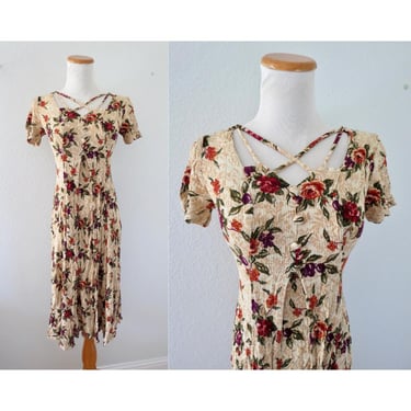 Vintage 90s Floral Dress - Rayon Midi Dress Short Sleeves - Grunge Romantic Whimsigoth - Size XS / Small 