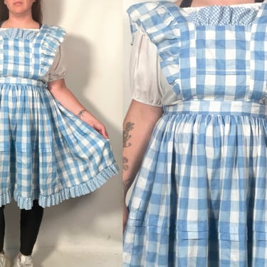 Vintage Blue Gingham Pinafore Apron Dress Size S - L 