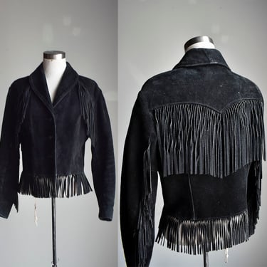 Vintage Black Suede Fringe Coat / Black Leather Fringe Coat / Black Leather Schott Jacket / Schott Fringe Leather Jacket Small 