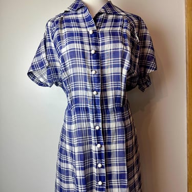 40’s blue white Plaid cotton dress~ Vintage pinup Volup Plus size true VTG 1940- 1950’s lightweight sheer/ size 46”Bust 