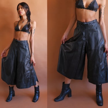 Vintage 70s Leather Culottes/ 1970s High Waisted Belted Wide Leg Cropped Pants/ Size Medium 28 