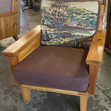 Habitant Knotty Pine Low Back Arm Chair w Scenic Cushion
