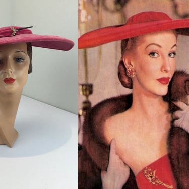 As She Gives It a Ponder - Vintage 1950s Rose Pink Velvet Oval Wide Brim Hat w/Faux Feather 