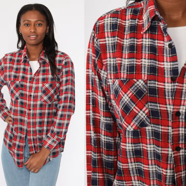 90s Plaid Shirt Flannel Shirt Blue Red Grunge Button Up 80s Lumberjack Vintage Long Sleeve Medium Large 