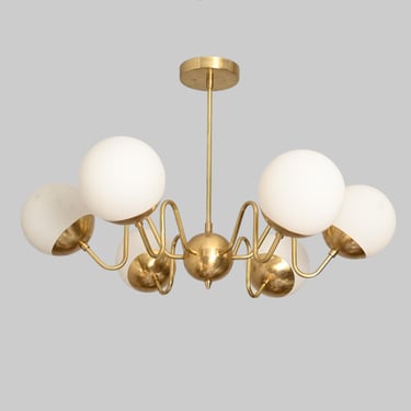 MCM style Brass Sputnik Zigzag Chandelier with Glass Globe 