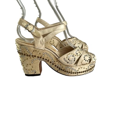 40s Rhinestones & STUDDED Ivory Silk Platform Peep Toe Heels / 1940s Vintage Bridal Wedding Shoes Wedges / Size 4.5 