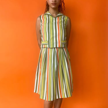 1960s Green &amp; Orange Striped Skirt Set, sz. XS