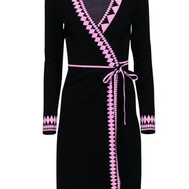 Diane von Furstenberg - Black Knit Wrap Dress w/ Pink Instarsia Trim Sz S