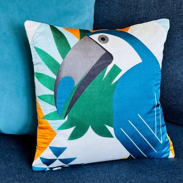 Toucan Bird Print Cushion Upcycled Scarf Throw Pillow Modern Geometric Tropical Style Living Room Accent Pillow Kids Room | Ellemichelle 