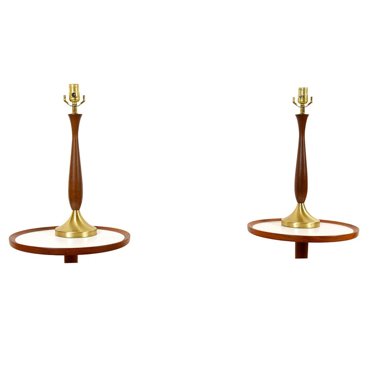 Pair of Slim Mid Century Walnut &#038; Brass Table Lamps