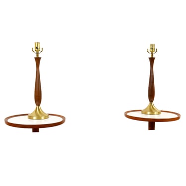 Pair of Slim Mid Century Walnut & Brass Table Lamps