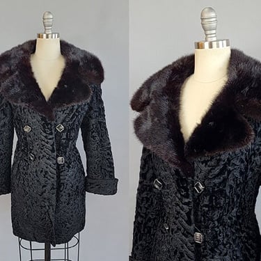 1960s Fur Coat / 60s Elder Beerman Lamb & Mink Fur Coat / Double-Breasted Persian Lamb Fur Coat / Size Medium Large 