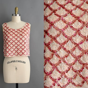 vintage 1960s blouse | Knit Sparkly Pink Sequin Blouse | medium 