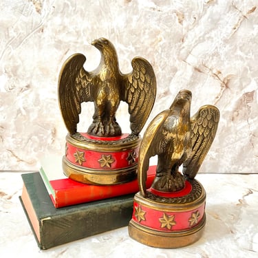 American Eagle Brass Bookends, Red Enamel Accents, Mid Century Vintage, Office, Library, Book Lover 