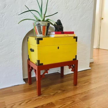 20% Off Sale | CHINESE Yellow Storage End Table with Red Legs 