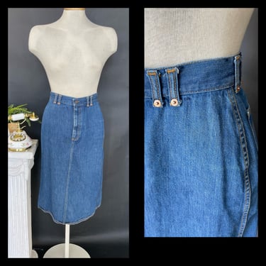 Vintage 1970s 1980s 70s Long Denim Straight Blue Pencil Skirt Strauss High WaistP ockets Zip Fly Button Front Medium Wash Belt Loops Split 