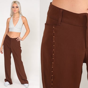 90s Bell Bottoms Brown Flared Trousers Western Pants Vintage Low Rise Flares Boho Hippie Low Waisted Retro Bohemian 1990s Medium 10 Tall 
