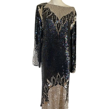 80s heavily embellished full length gown, long sleeves black silver beaded gown, flapper dress size medium m 10 / 12  Eur 40 