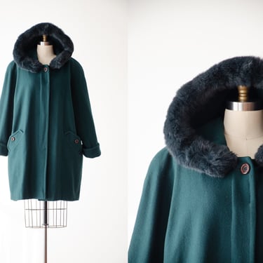 green wool coat | 90s plus size vintage dark green rabbit fur trimmed cottagecore dark academia hooded oversized coat 