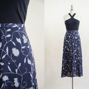 navy silk chiffon skirt | 90s y2k vintage Jones New York dark blue silver floral dark academia long flowy midi skirt 