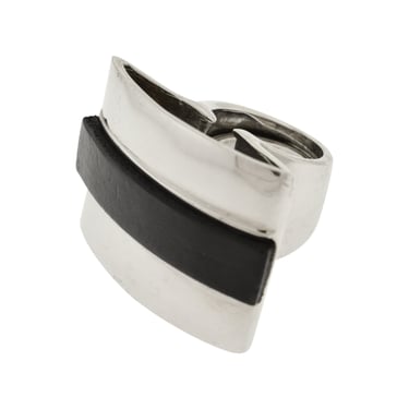 Krizia Vintage Archival Silver and Black Leather Oversized Statement Ring