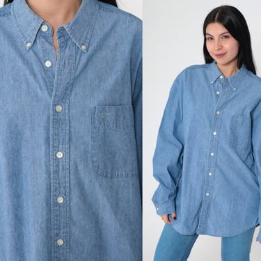 90s Denim Shirt Dockers Blue Jean Button Up Blue Grunge Long Sleeve Boyfriend Shirt Chambray Chest Pocket Cotton Vintage 1990s Men's Large 