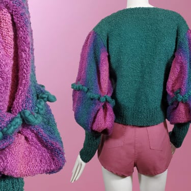 Unique vintage wool sweater bouclé knit mutton sleeves boat neck late 70s early 80s designer handknit balloon puff pom pom (S/M) 