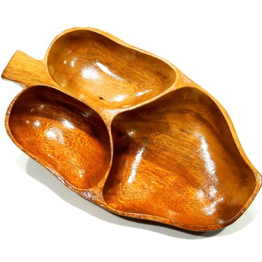 VINTAGE: Large 12.5" Divided Serving Leaf Wood Tray Bowl - Mid Century - Monkey Pod Wood - Made in the Philippines - SKU 26-D-00007298 